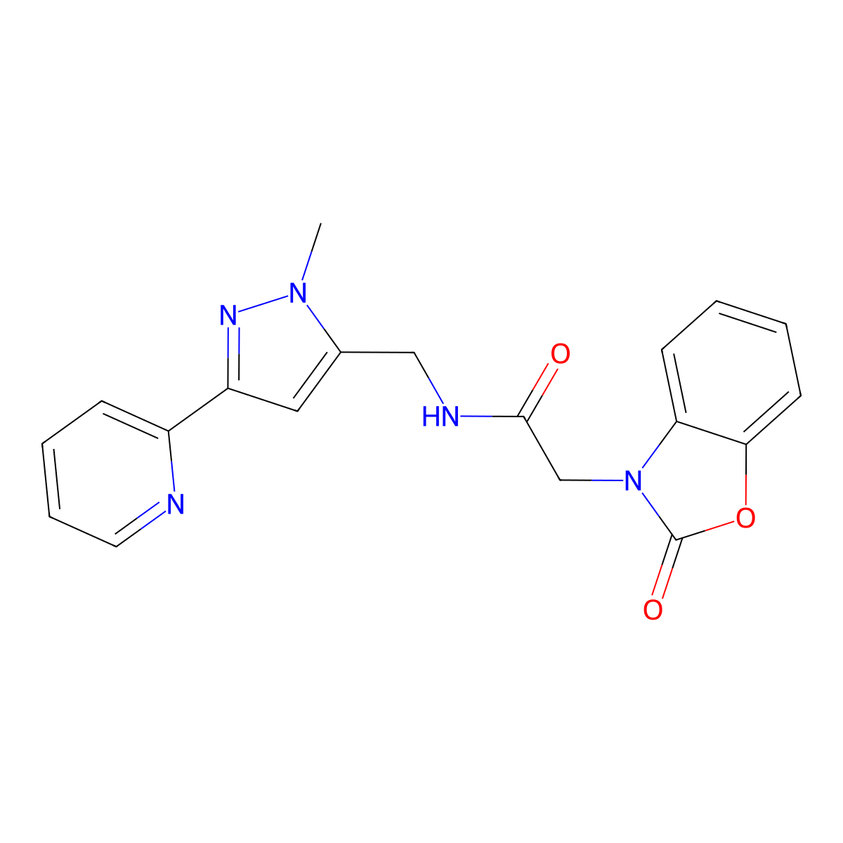 N-{[1-methyl-3-(pyridin-2-yl)-1H-pyrazol-5-yl]methyl}-2-(2-oxo-2,3-dihydro-1,3-benzoxazol-3-yl)acetamide molecular structure, CAS 2319723-20-9