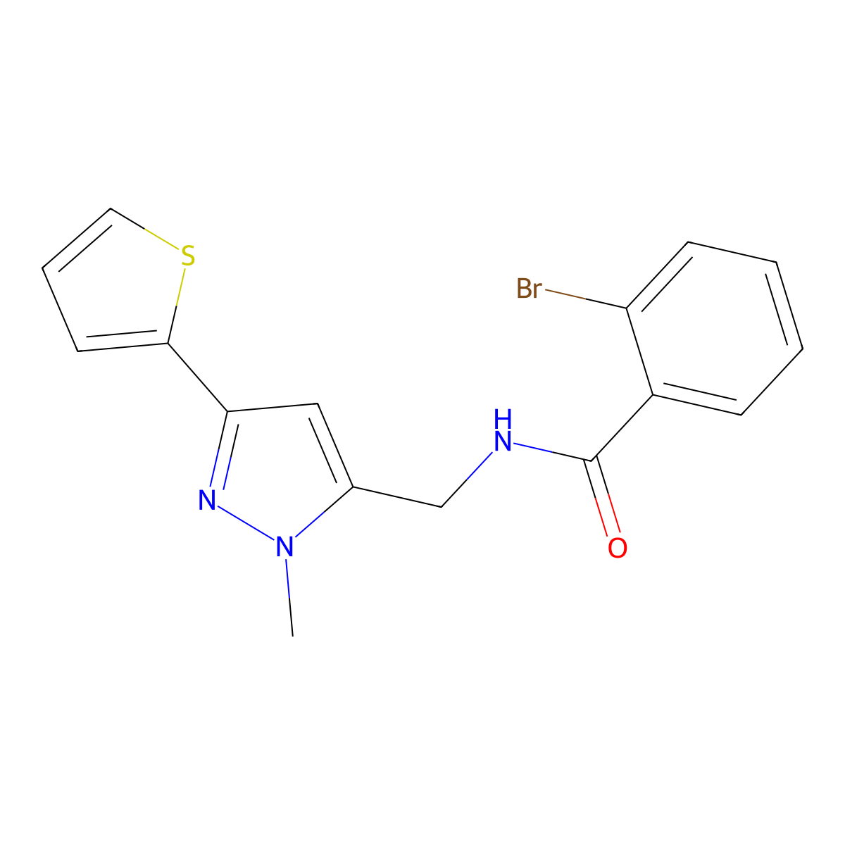 2-Bromo-N-[(2-methyl-5-thiophen-2-ylpyrazol-3-yl)methyl]benzamide molecular structure, CAS 2319723-44-7