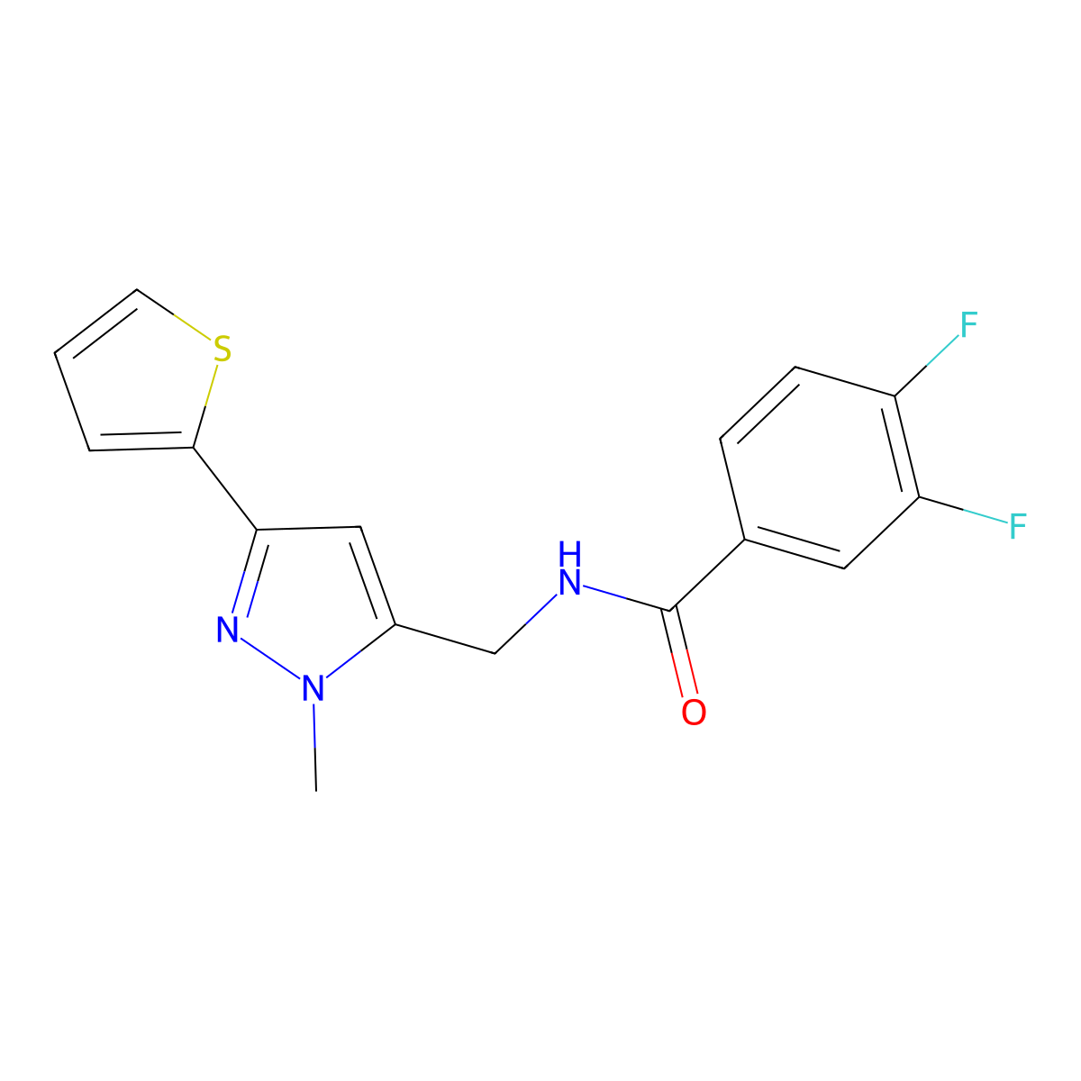 3,4-difluoro-N-{[1-methyl-3-(thiophen-2-yl)-1H-pyrazol-5-yl]methyl}benzamide molecular structure, CAS 2319723-78-7
