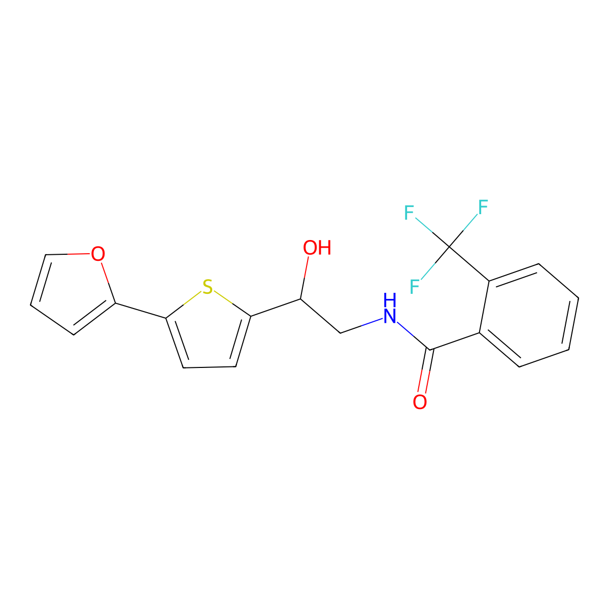 N-{2-[5-(furan-2-yl)thiophen-2-yl]-2-hydroxyethyl}-2-(trifluoromethyl)benzamide molecular structure, CAS 2319723-95-8