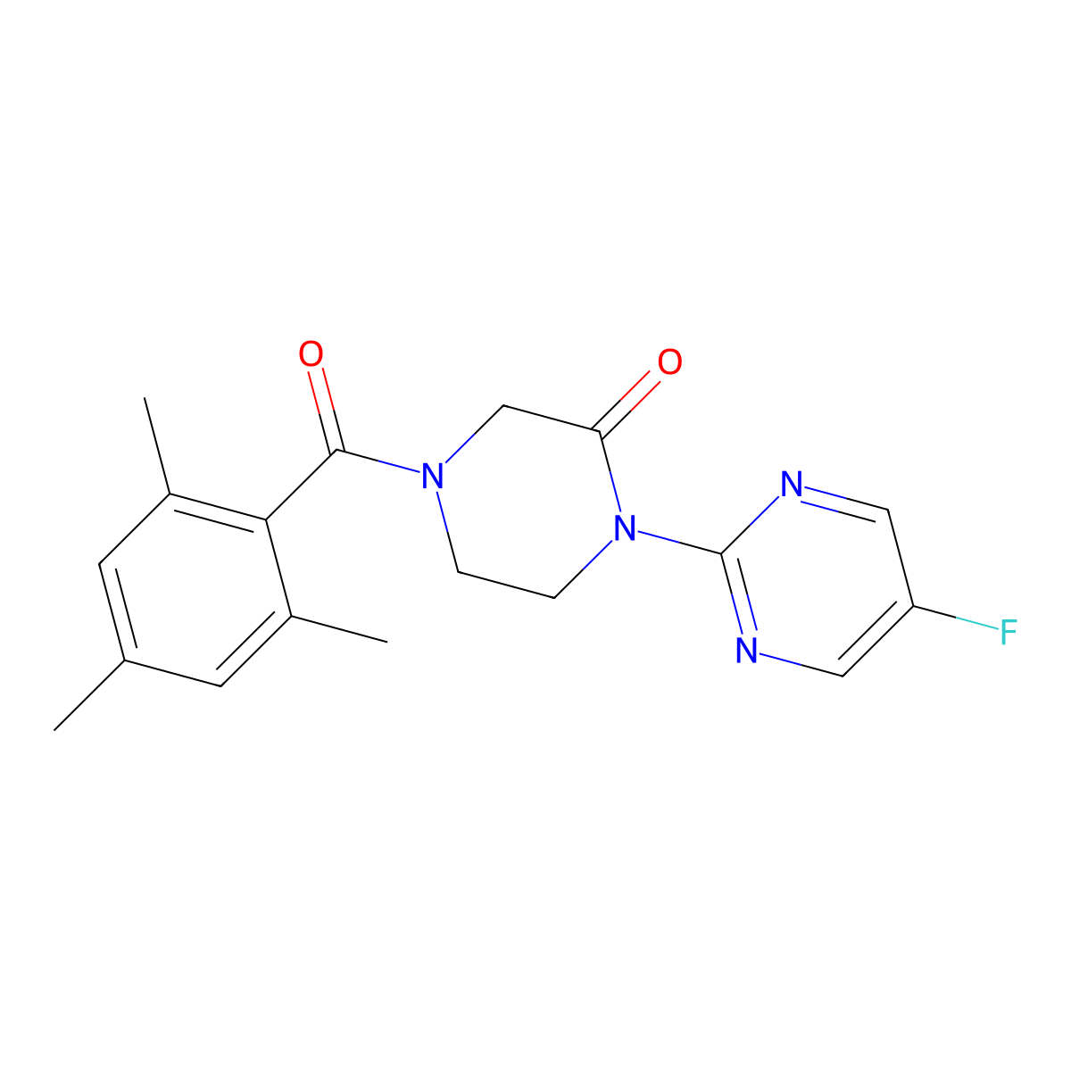 1-(5-Fluoropyrimidin-2-yl)-4-(2,4,6-trimethylbenzoyl)piperazin-2-one molecular structure, CAS 2319725-24-9