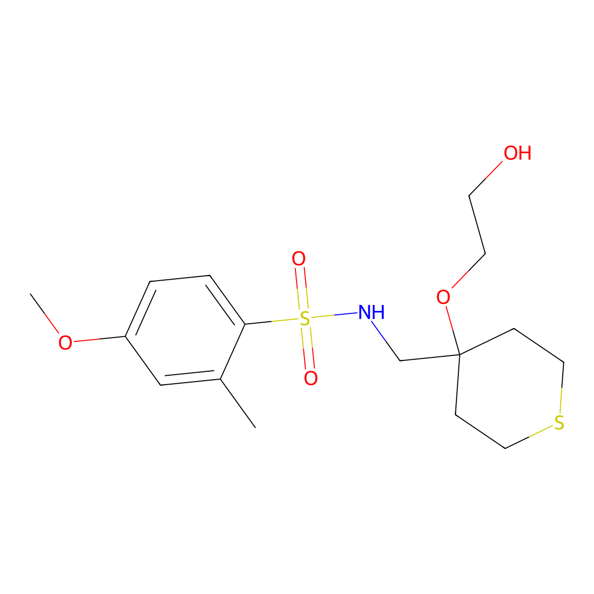 N-((4-(2-hydroxyethoxy)tetrahydro-2H-thiopyran-4-yl)methyl)-4-methoxy-2-methylbenzenesulfonamide molecular structure, CAS 2319782-81-3