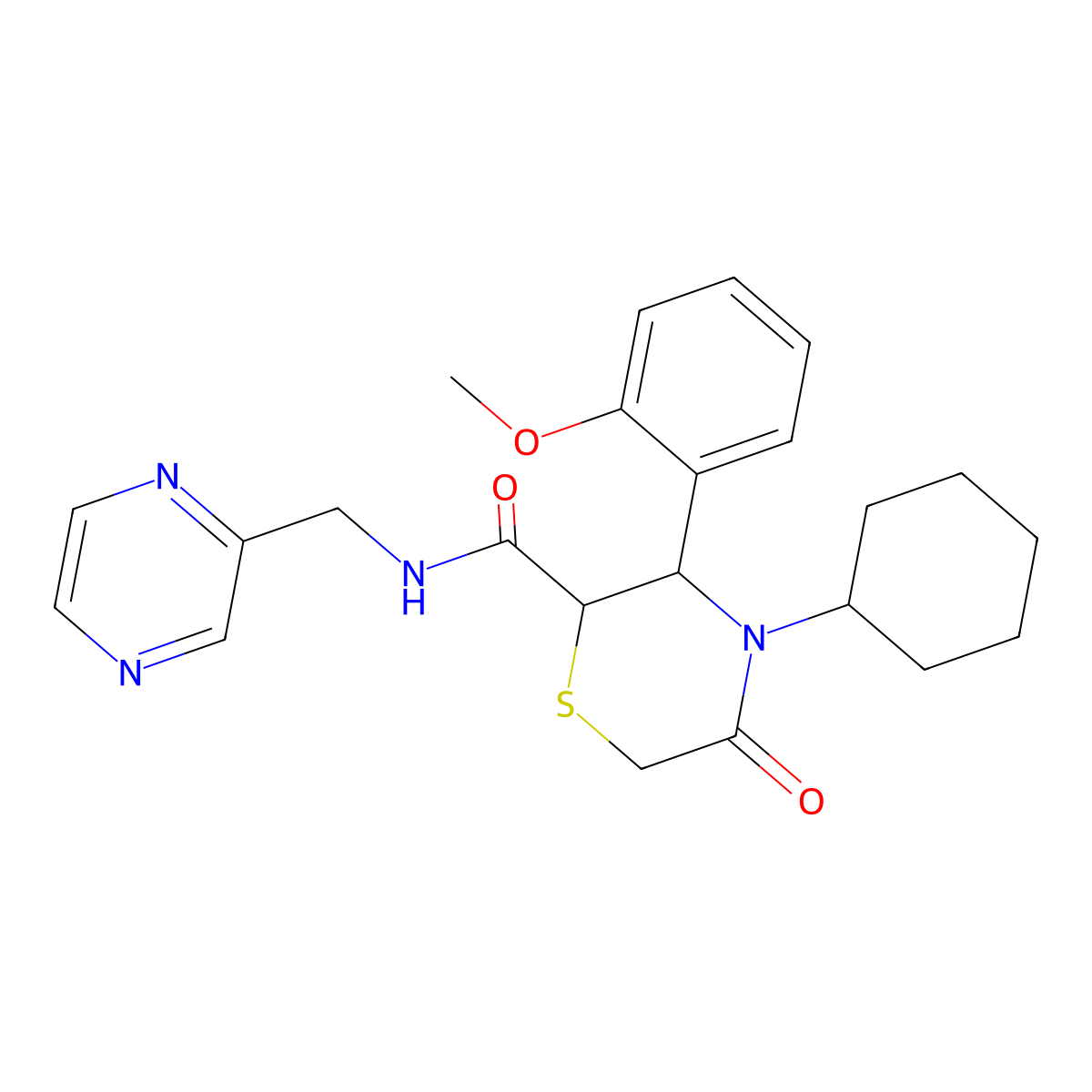 4-cyclohexyl-3-(2-methoxyphenyl)-5-oxo-N-(pyrazin-2-ylmethyl)thiomorpholine-2-carboxamide molecular structure, CAS 2319782-96-0