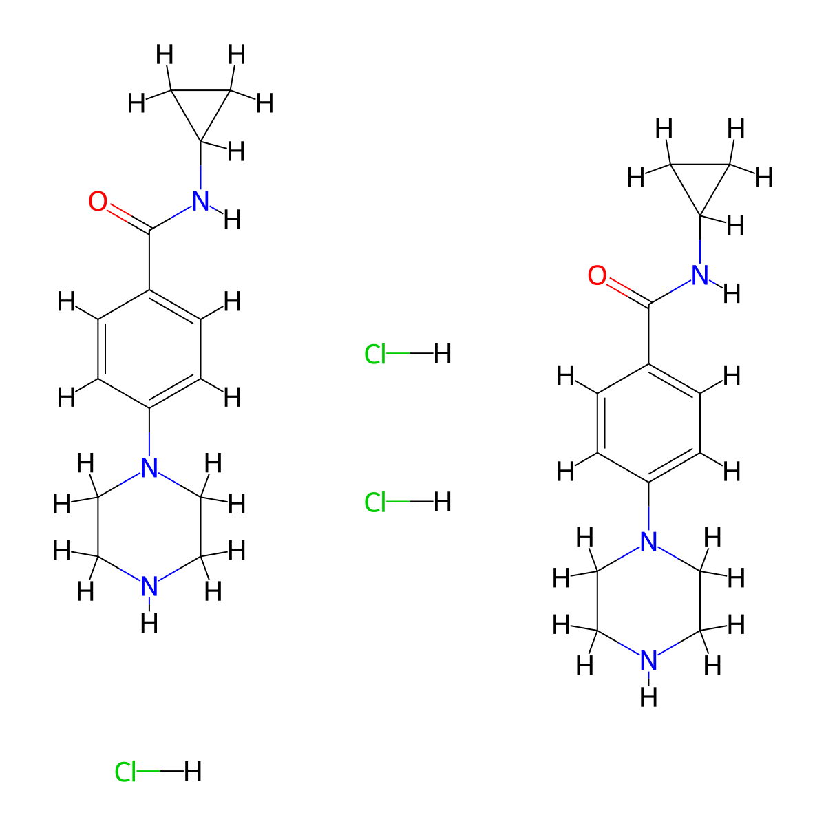 bis(N-cyclopropyl-4-(piperazin-1-yl)benzamide) trihydrochloride molecular structure, CAS 2319783-35-0