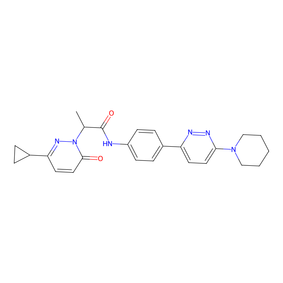 2-(3-cyclopropyl-6-oxopyridazin-1(6H)-yl)-N-(4-(6-(piperidin-1-yl)pyridazin-3-yl)phenyl)propanamide molecular structure, CAS 2319783-94-1