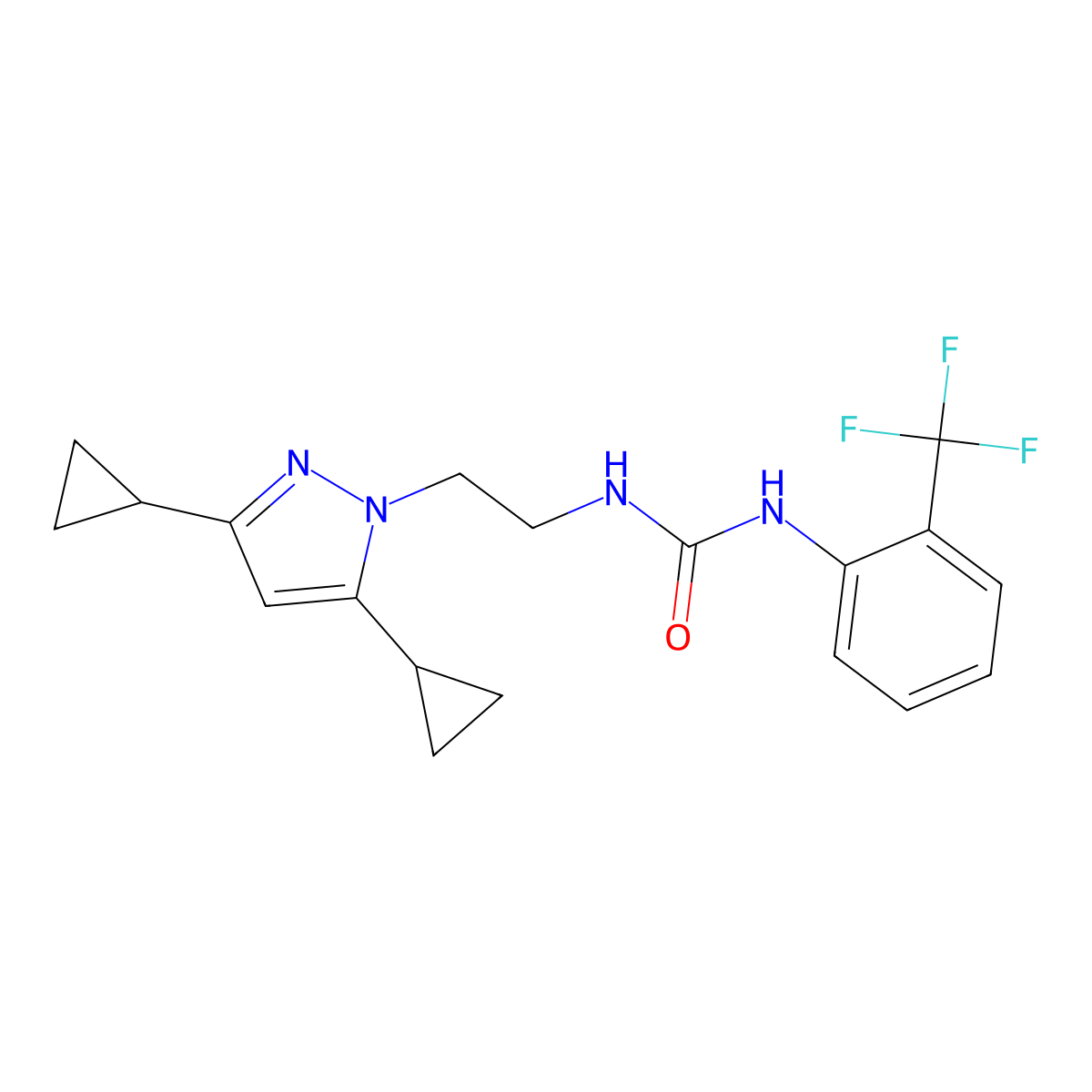 1-(2-(3,5-dicyclopropyl-1H-pyrazol-1-yl)ethyl)-3-(2-(trifluoromethyl)phenyl)urea molecular structure, CAS 2319784-18-2