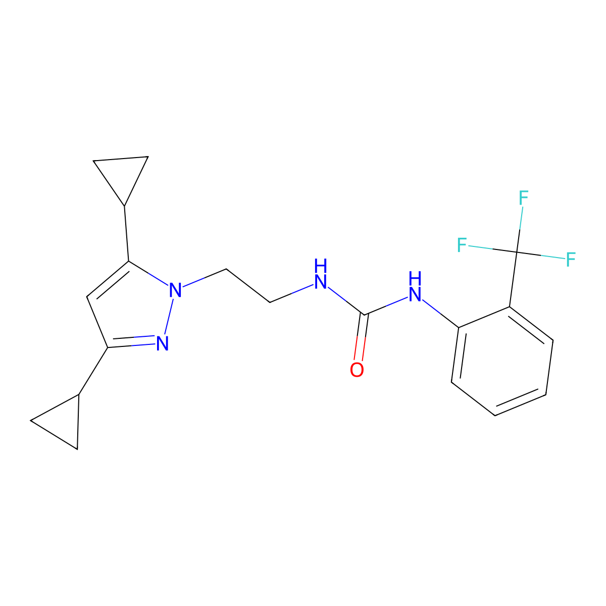 1-(2-(3,5-dicyclopropyl-1H-pyrazol-1-yl)ethyl)-3-(2-(trifluoromethyl)phenyl)urea molecular structure, CAS 2319784-18-2