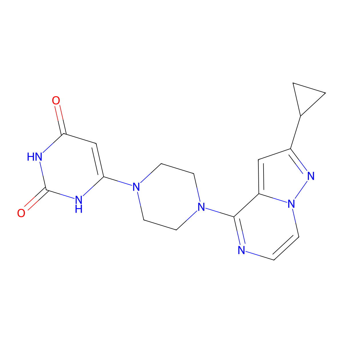 6-(4-(2-cyclopropylpyrazolo[1,5-a]pyrazin-4-yl)piperazin-1-yl)pyrimidine-2,4(1H,3H)-dione molecular structure, CAS 2319784-25-1