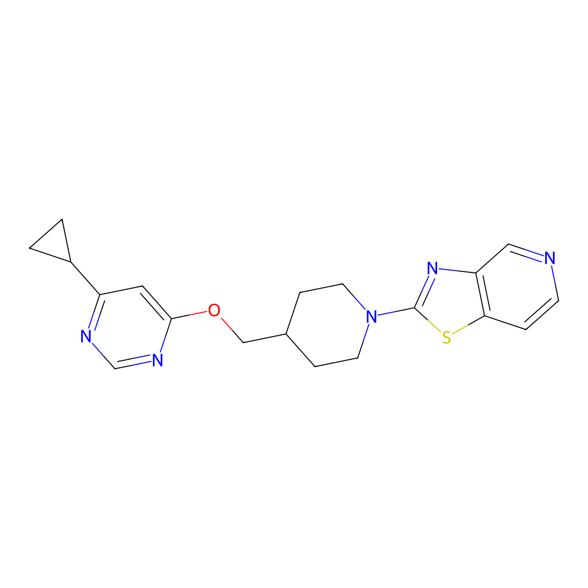 4-Cyclopropyl-6-[(1-{[1,3]thiazolo[4,5-c]pyridin-2-yl}piperidin-4-yl)methoxy]pyrimidine molecular structure, CAS 2319784-74-0