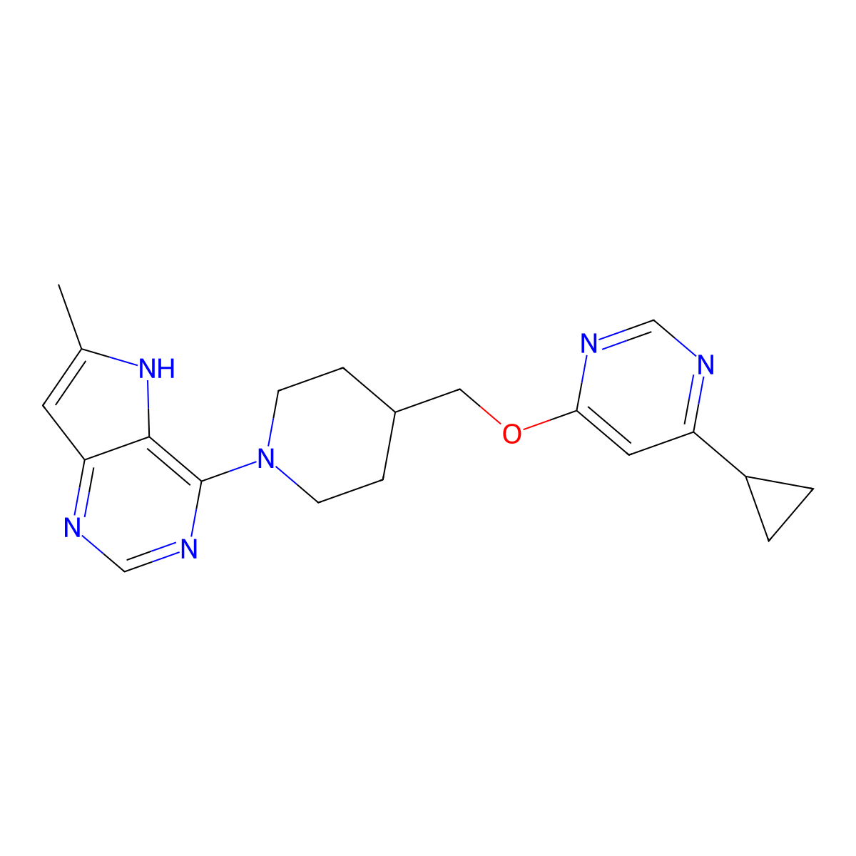 4-cyclopropyl-6-[(1-{6-methyl-5H-pyrrolo[3,2-d]pyrimidin-4-yl}piperidin-4-yl)methoxy]pyrimidine molecular structure, CAS 2319784-77-3