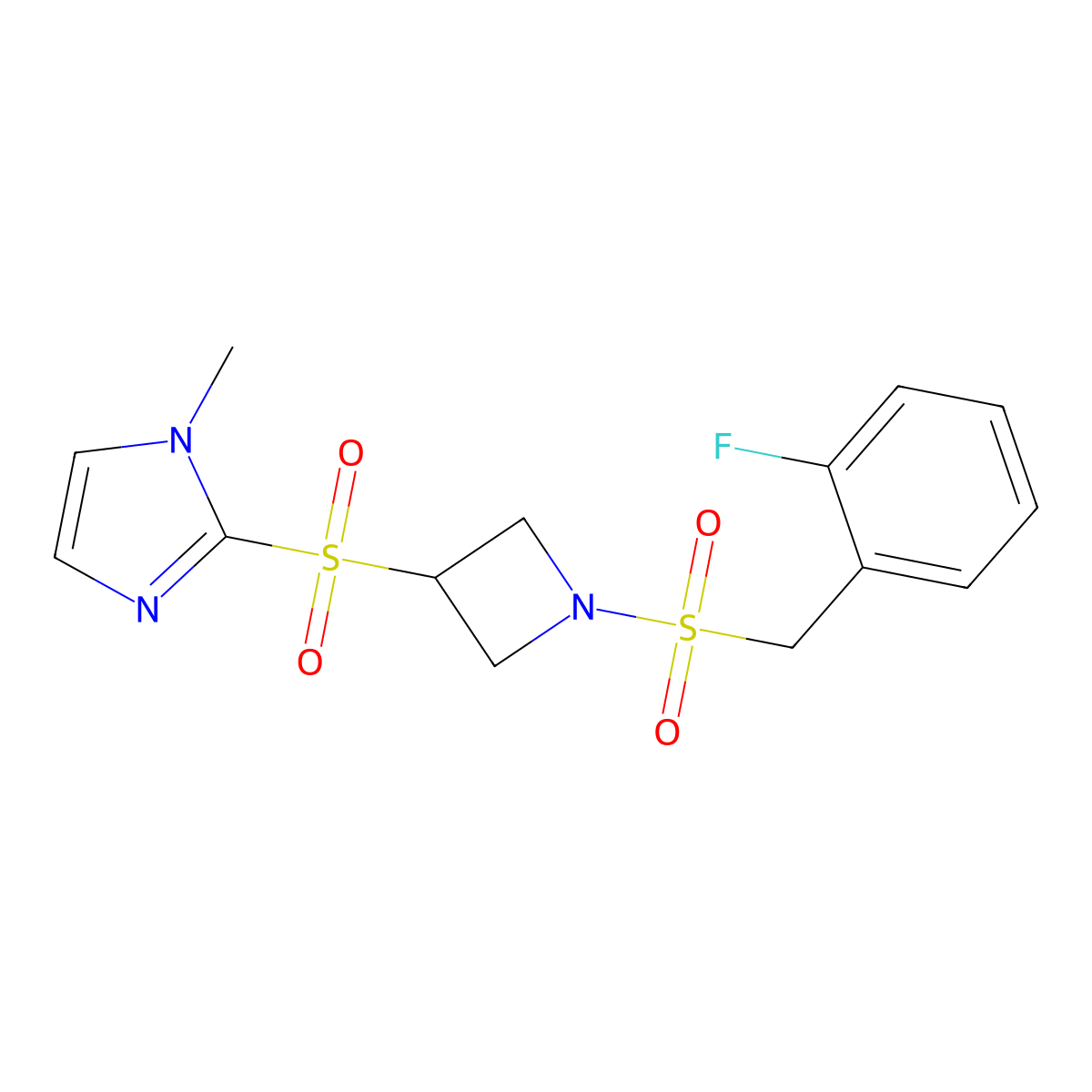 2-((1-((2-fluorobenzyl)sulfonyl)azetidin-3-yl)sulfonyl)-1-methyl-1H-imidazole molecular structure, CAS 2319785-20-9