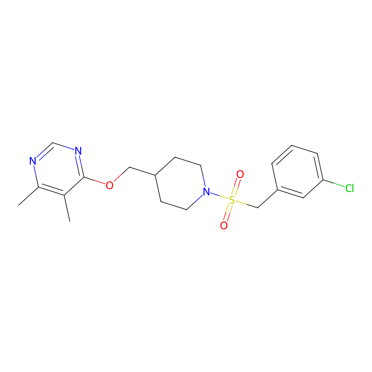 4-({1-[(3-Chlorophenyl)methanesulfonyl]piperidin-4-yl}methoxy)-5,6-dimethylpyrimidine molecular structure, CAS 2319785-30-1