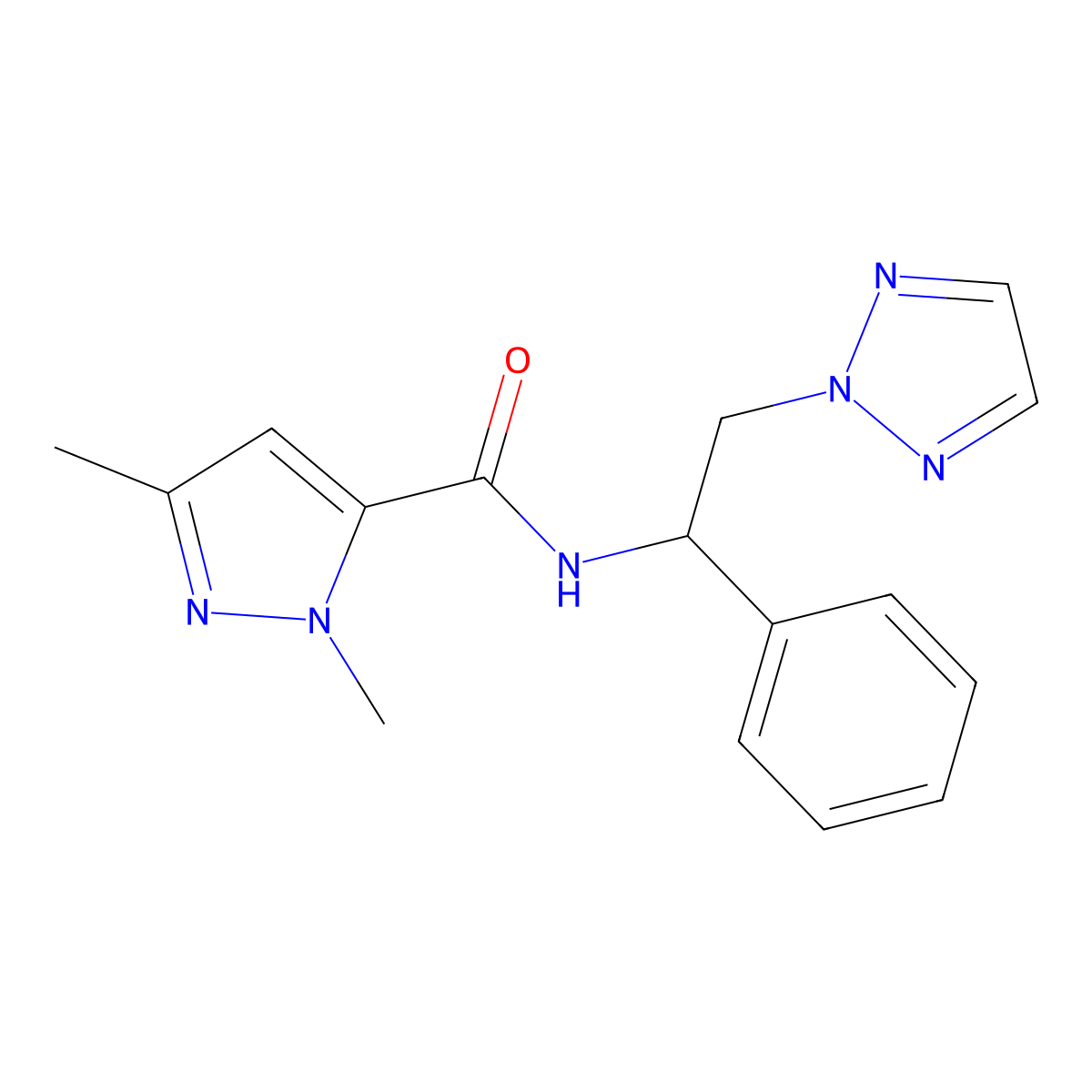 1,3-dimethyl-N-[1-phenyl-2-(2H-1,2,3-triazol-2-yl)ethyl]-1H-pyrazole-5-carboxamide molecular structure, CAS 2319785-65-2