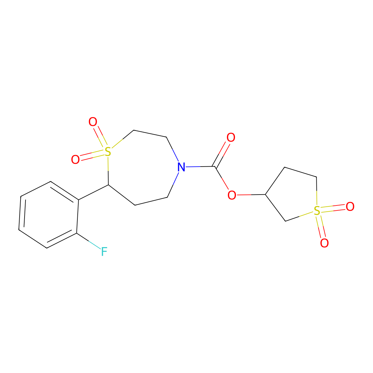 1,1-Dioxidotetrahydrothiophen-3-yl 7-(2-fluorophenyl)-1,4-thiazepane-4-carboxylate 1,1-dioxide molecular structure, CAS 2319786-38-2