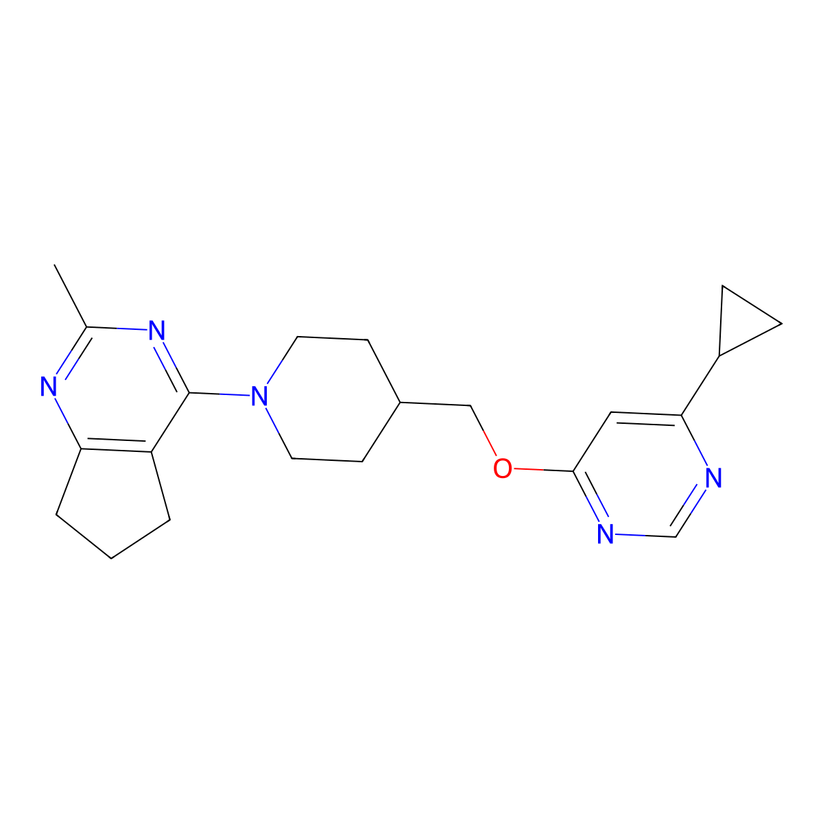 4-cyclopropyl-6-[(1-{2-methyl-5H,6H,7H-cyclopenta[d]pyrimidin-4-yl}piperidin-4-yl)methoxy]pyrimidine molecular structure, CAS 2319787-60-3