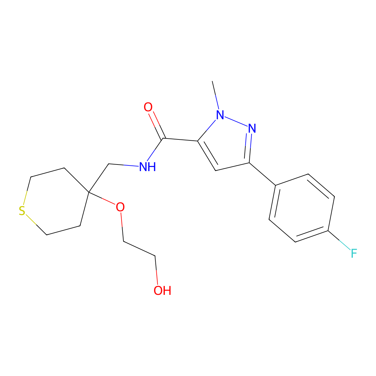 3-(4-fluorophenyl)-N-{[4-(2-hydroxyethoxy)thian-4-yl]methyl}-1-methyl-1H-pyrazole-5-carboxamide molecular structure, CAS 2319787-75-0