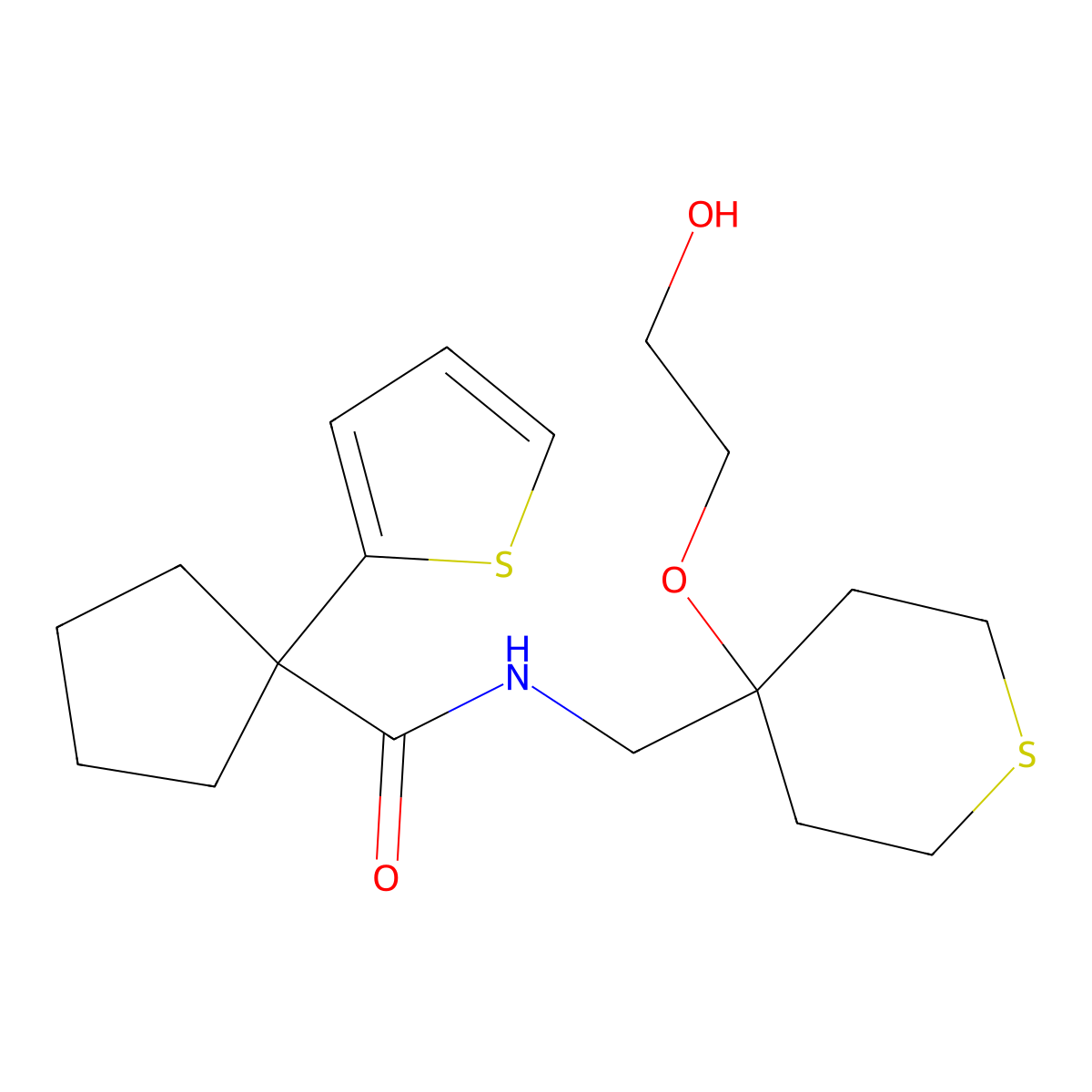 N-((4-(2-hydroxyethoxy)tetrahydro-2H-thiopyran-4-yl)methyl)-1-(thiophen-2-yl)cyclopentane-1-carboxamide molecular structure, CAS 2319788-15-1