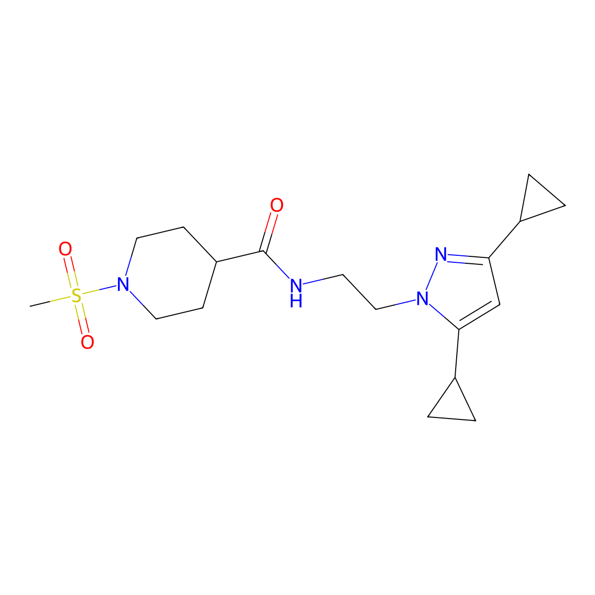 N-[2-(3,5-dicyclopropyl-1H-pyrazol-1-yl)ethyl]-1-methanesulfonylpiperidine-4-carboxamide molecular structure, CAS 2319788-70-8