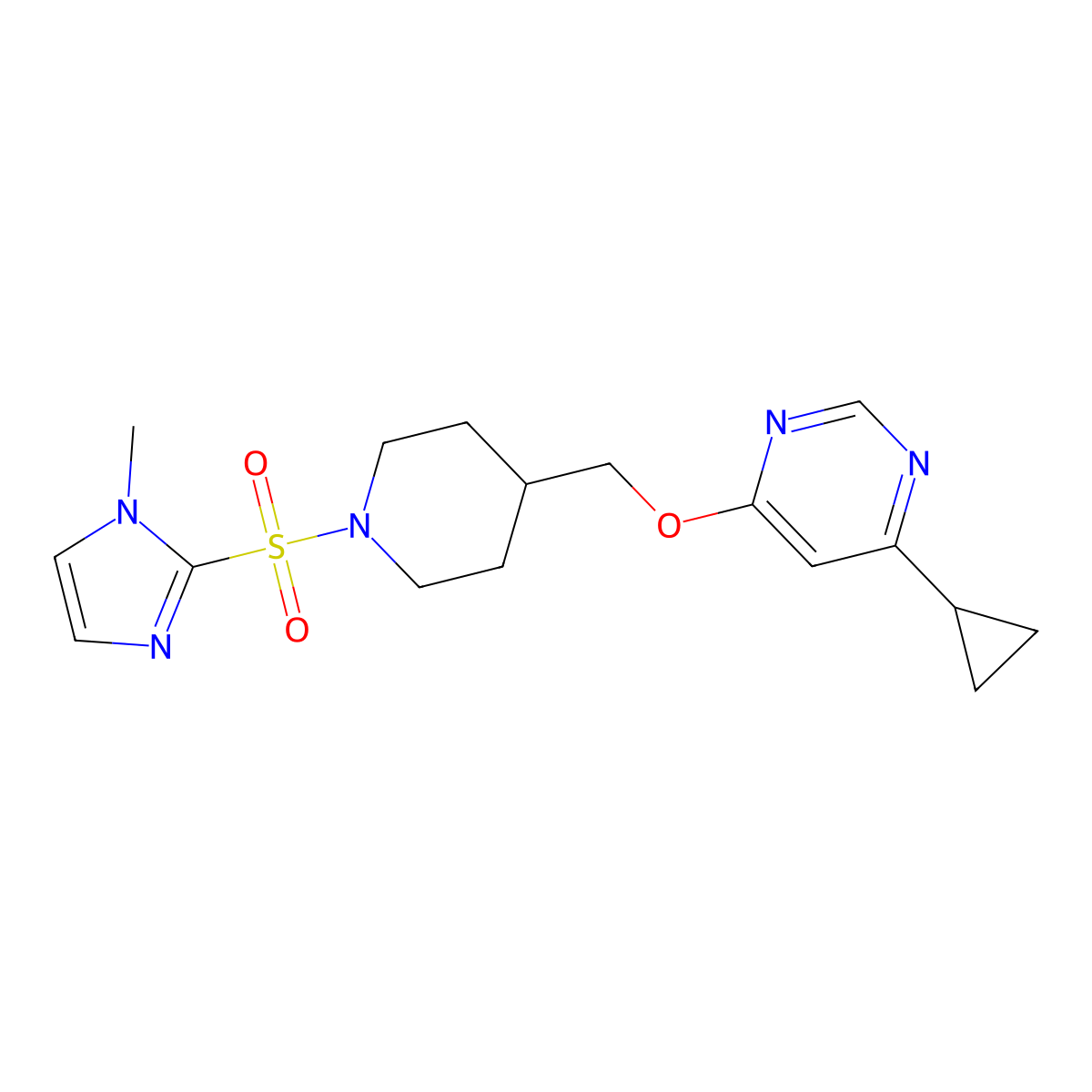 4-cyclopropyl-6-({1-[(1-methyl-1H-imidazol-2-yl)sulfonyl]piperidin-4-yl}methoxy)pyrimidine molecular structure, CAS 2319788-97-9