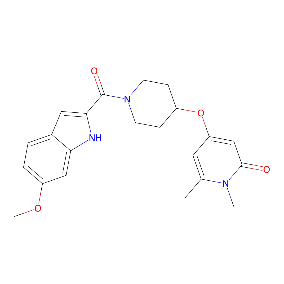 4-((1-(6-methoxy-1H-indole-2-carbonyl)piperidin-4-yl)oxy)-1,6-dimethylpyridin-2(1H)-one molecular structure, CAS 2319789-13-2