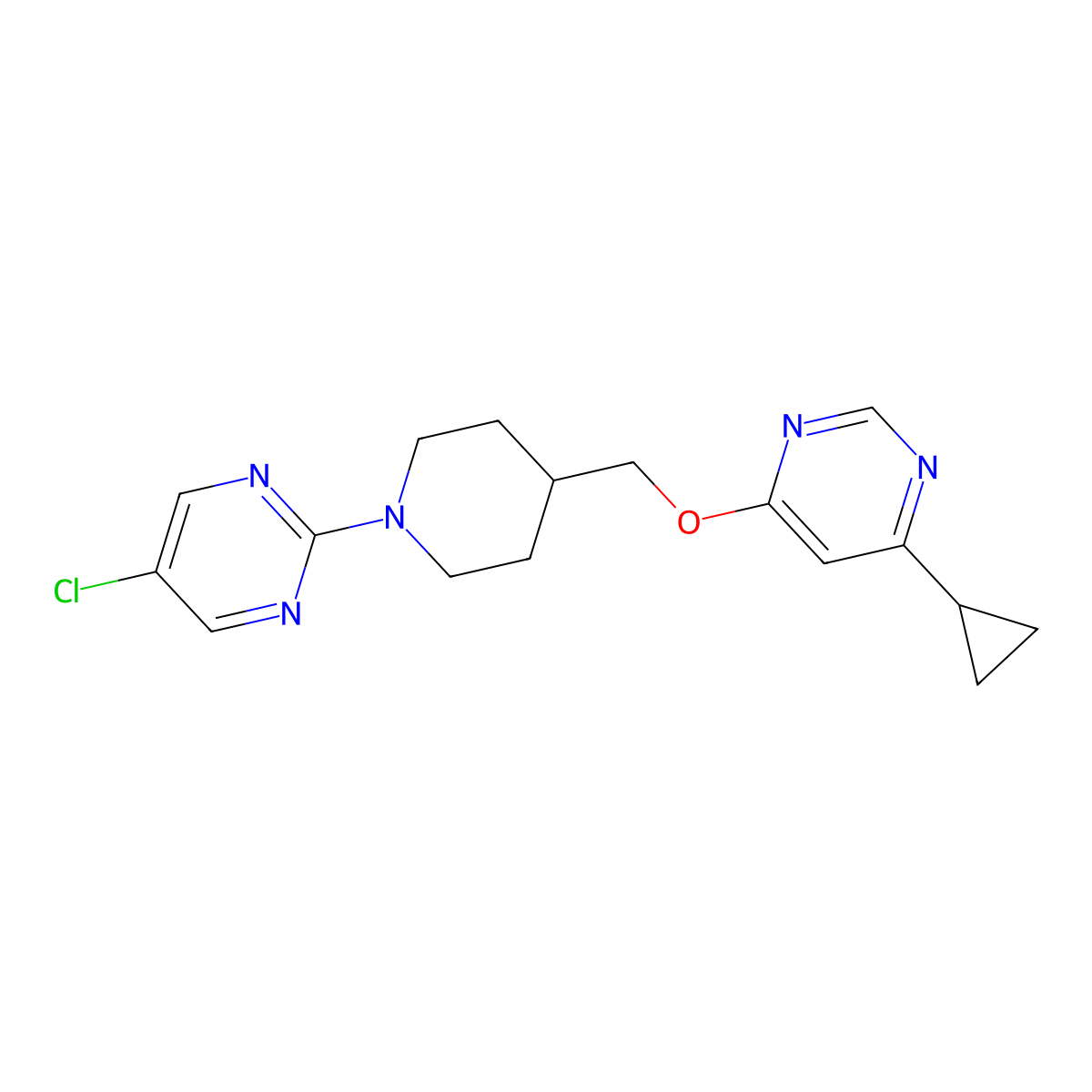 5-Chloro-2-(4-{[(6-cyclopropylpyrimidin-4-yl)oxy]methyl}piperidin-1-yl)pyrimidine molecular structure, CAS 2319800-71-8