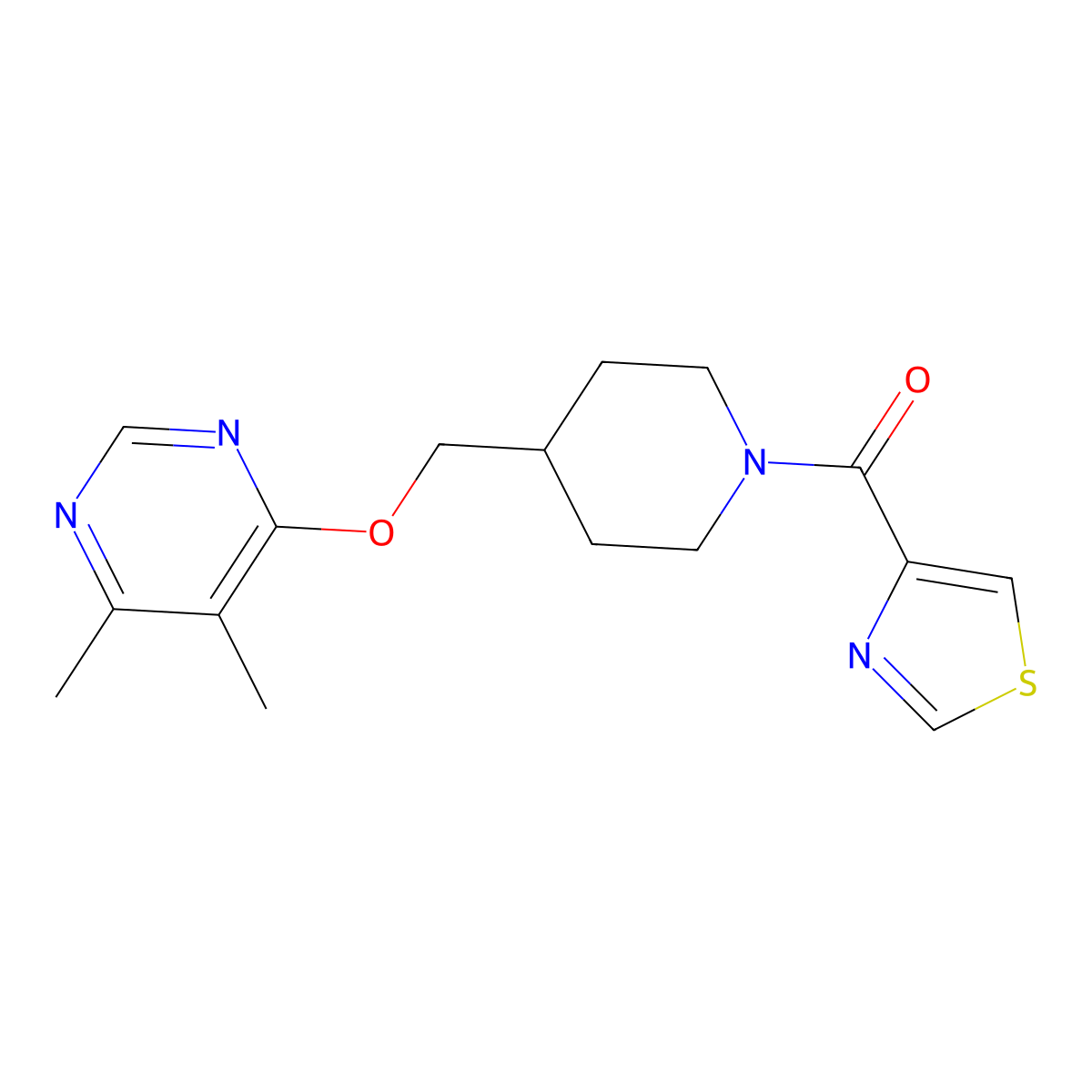 4,5-Dimethyl-6-{[1-(1,3-thiazole-4-carbonyl)piperidin-4-yl]methoxy}pyrimidine molecular structure, CAS 2319802-47-4