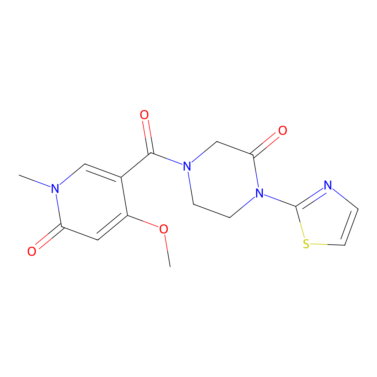 4-(4-Methoxy-1-methyl-6-oxo-1,6-dihydropyridine-3-carbonyl)-1-(1,3-thiazol-2-yl)piperazin-2-one molecular structure, CAS 2319803-54-6
