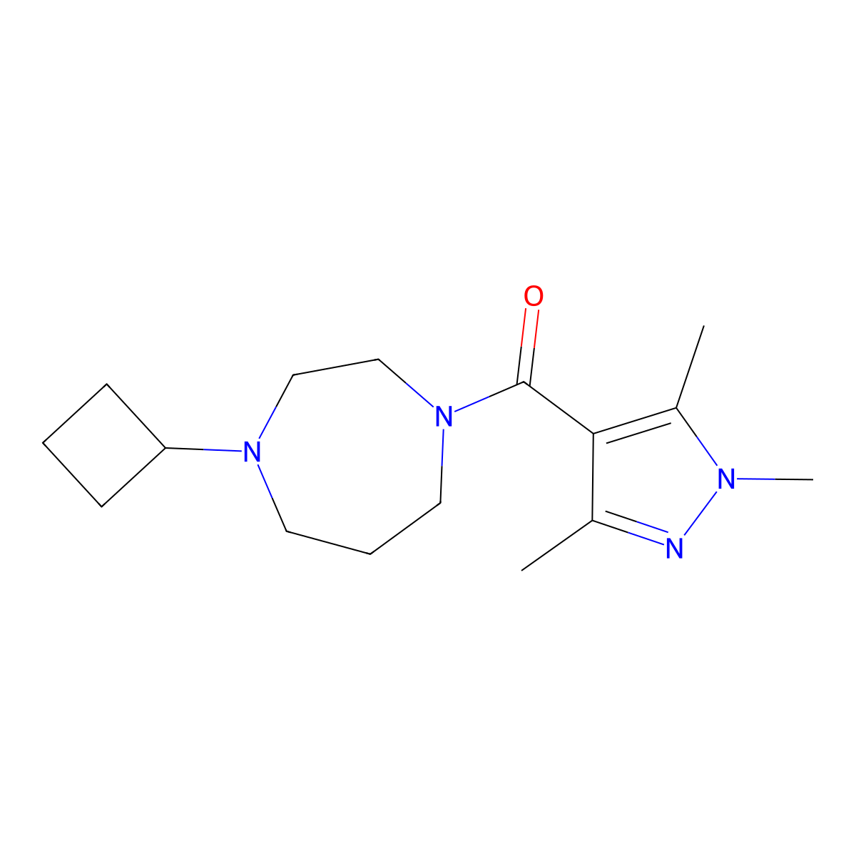 1-cyclobutyl-4-(1,3,5-trimethyl-1H-pyrazole-4-carbonyl)-1,4-diazepane molecular structure, CAS 2319803-67-1