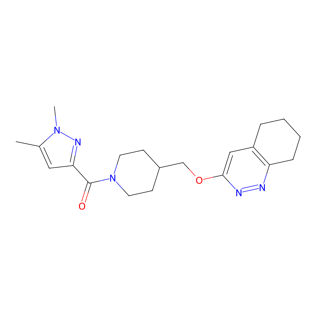 3-{[1-(1,5-dimethyl-1H-pyrazole-3-carbonyl)piperidin-4-yl]methoxy}-5,6,7,8-tetrahydrocinnoline molecular structure, CAS 2319804-19-6