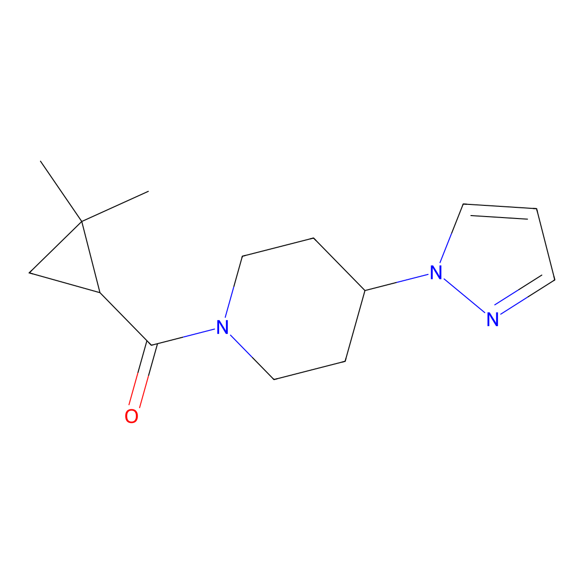 1-(2,2-dimethylcyclopropanecarbonyl)-4-(1H-pyrazol-1-yl)piperidine molecular structure, CAS 2319804-54-9