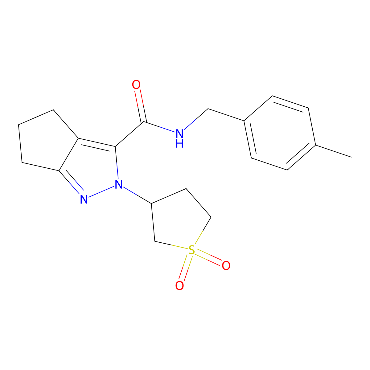 2-(1,1-dioxidotetrahydrothiophen-3-yl)-N-(4-methylbenzyl)-2,4,5,6-tetrahydrocyclopenta[c]pyrazole-3-carboxamide molecular structure, CAS 2319805-12-2