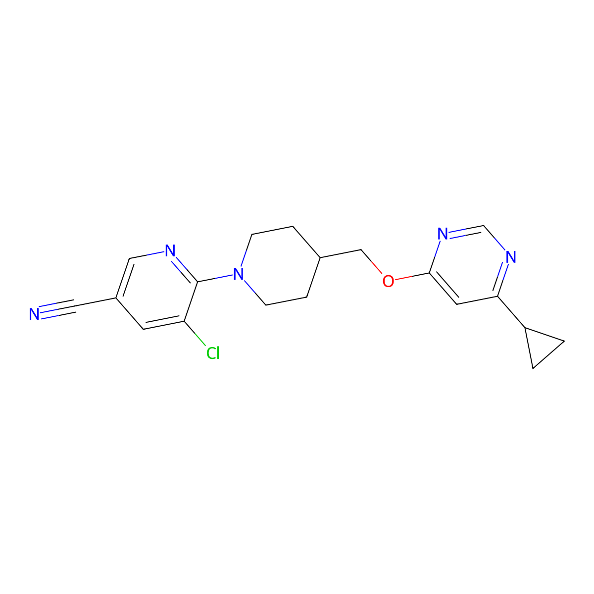 5-Chloro-6-(4-{[(6-cyclopropylpyrimidin-4-yl)oxy]methyl}piperidin-1-yl)pyridine-3-carbonitrile molecular structure, CAS 2319805-22-4