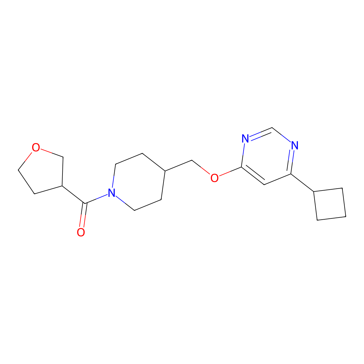 4-Cyclobutyl-6-{[1-(oxolane-3-carbonyl)piperidin-4-yl]methoxy}pyrimidine molecular structure, CAS 2319806-34-1