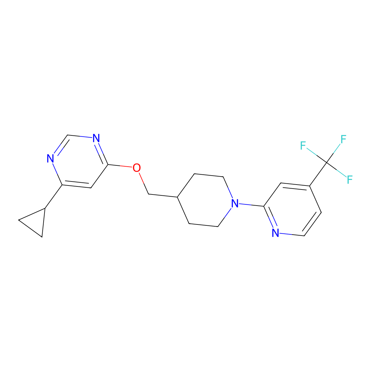4-Cyclopropyl-6-((1-(4-(trifluoromethyl)pyridin-2-yl)piperidin-4-yl)methoxy)pyrimidine molecular structure, CAS 2319806-56-7