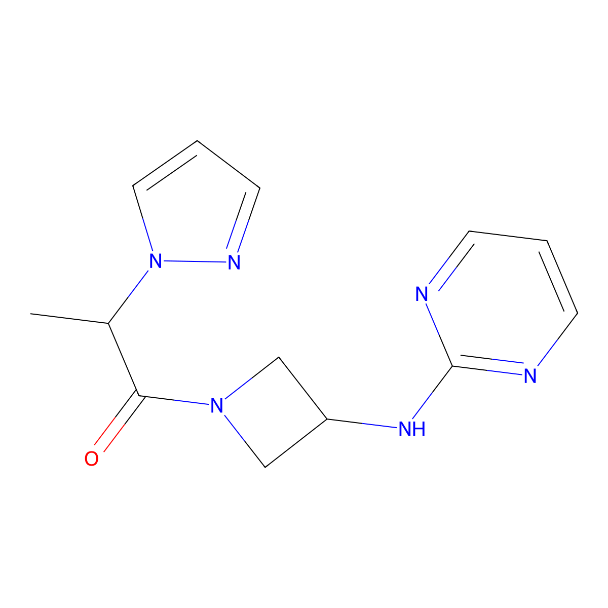 2-(1H-pyrazol-1-yl)-1-(3-(pyrimidin-2-ylamino)azetidin-1-yl)propan-1-one molecular structure, CAS 2319806-62-5