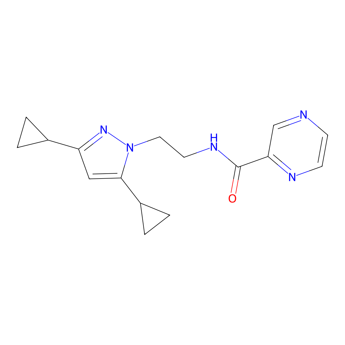 N-[2-(3,5-dicyclopropyl-1H-pyrazol-1-yl)ethyl]pyrazine-2-carboxamide molecular structure, CAS 2319807-14-0