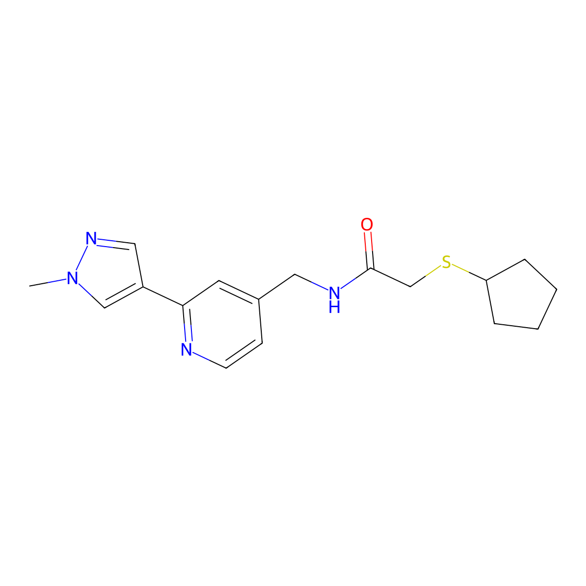2-(cyclopentylsulfanyl)-N-{[2-(1-methyl-1H-pyrazol-4-yl)pyridin-4-yl]methyl}acetamide molecular structure, CAS 2319807-77-5
