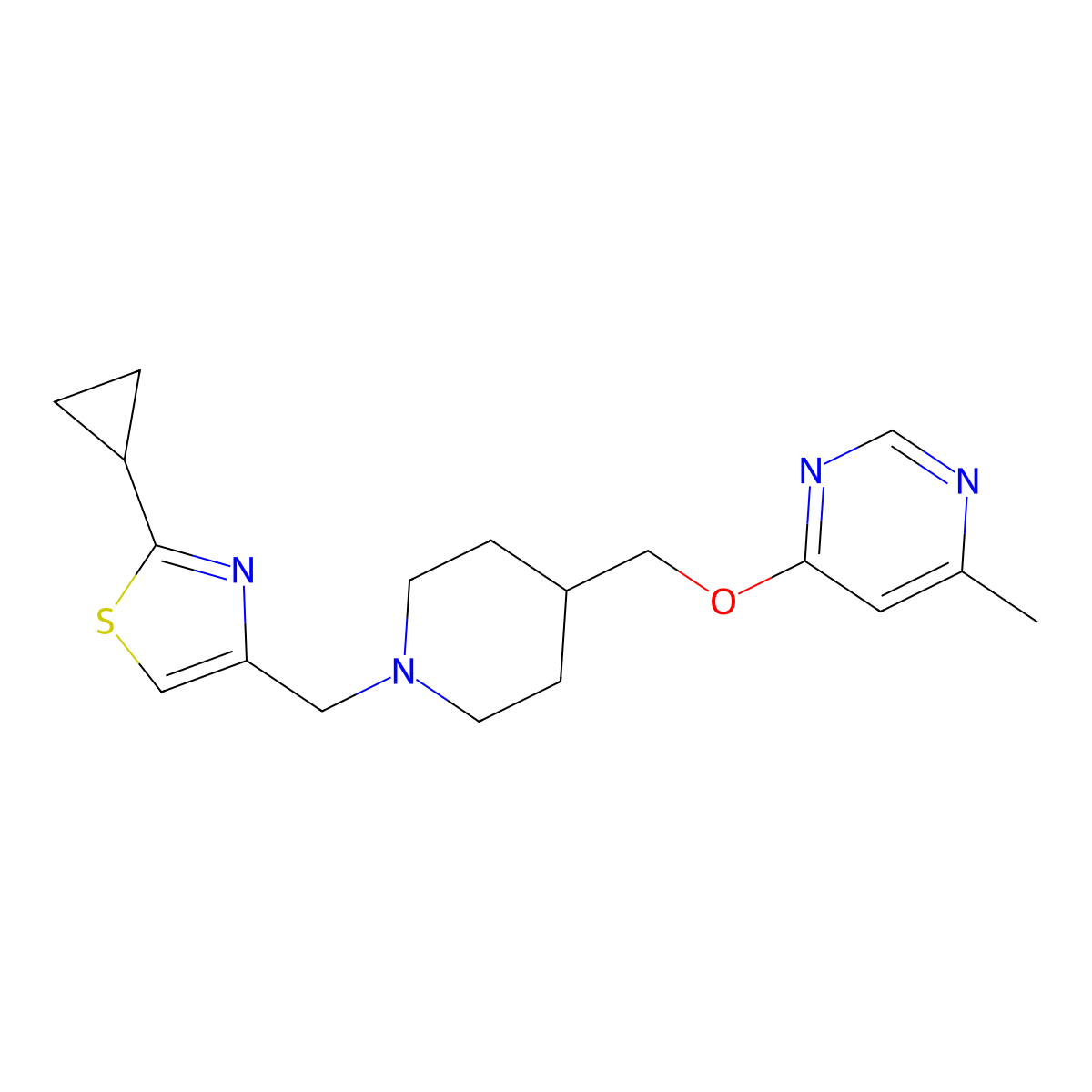 2-Cyclopropyl-4-((4-(((6-methylpyrimidin-4-yl)oxy)methyl)piperidin-1-yl)methyl)thiazole molecular structure, CAS 2319808-27-8