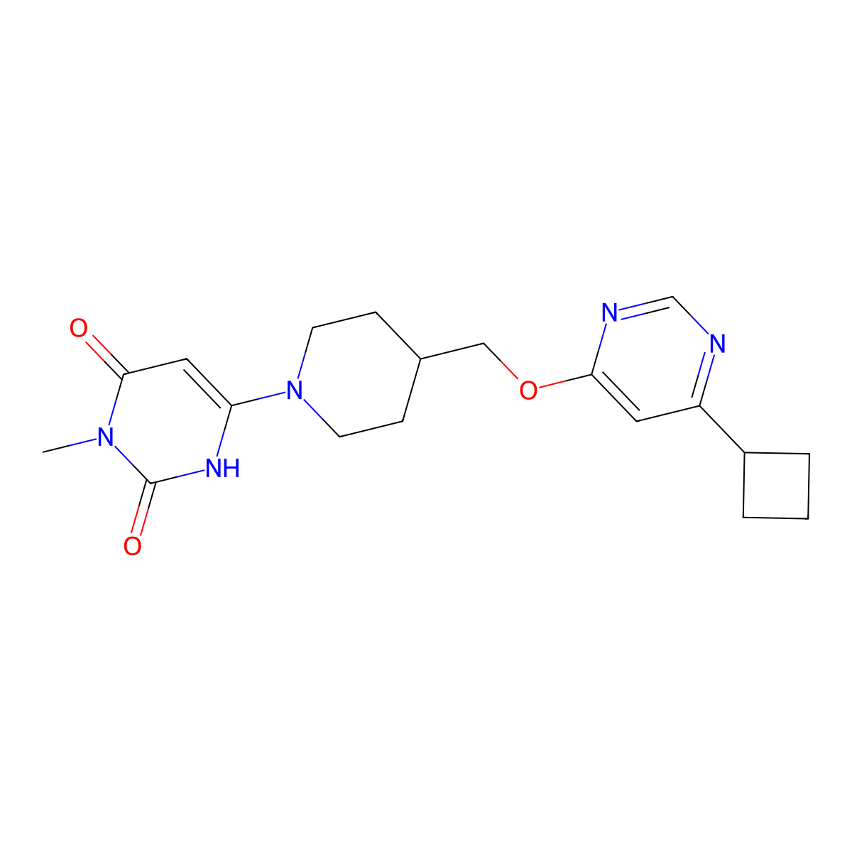 6-(4-(((6-cyclobutylpyrimidin-4-yl)oxy)methyl)piperidin-1-yl)-3-methylpyrimidine-2,4(1H,3H)-dione molecular structure, CAS 2319808-41-6