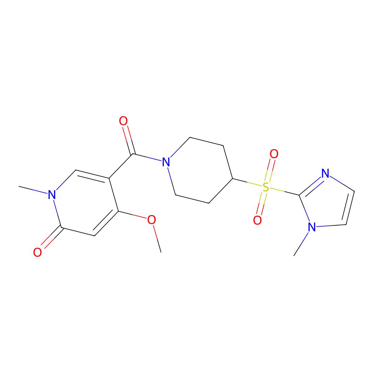 4-methoxy-1-methyl-5-(4-((1-methyl-1H-imidazol-2-yl)sulfonyl)piperidine-1-carbonyl)pyridin-2(1H)-one molecular structure, CAS 2319808-44-9