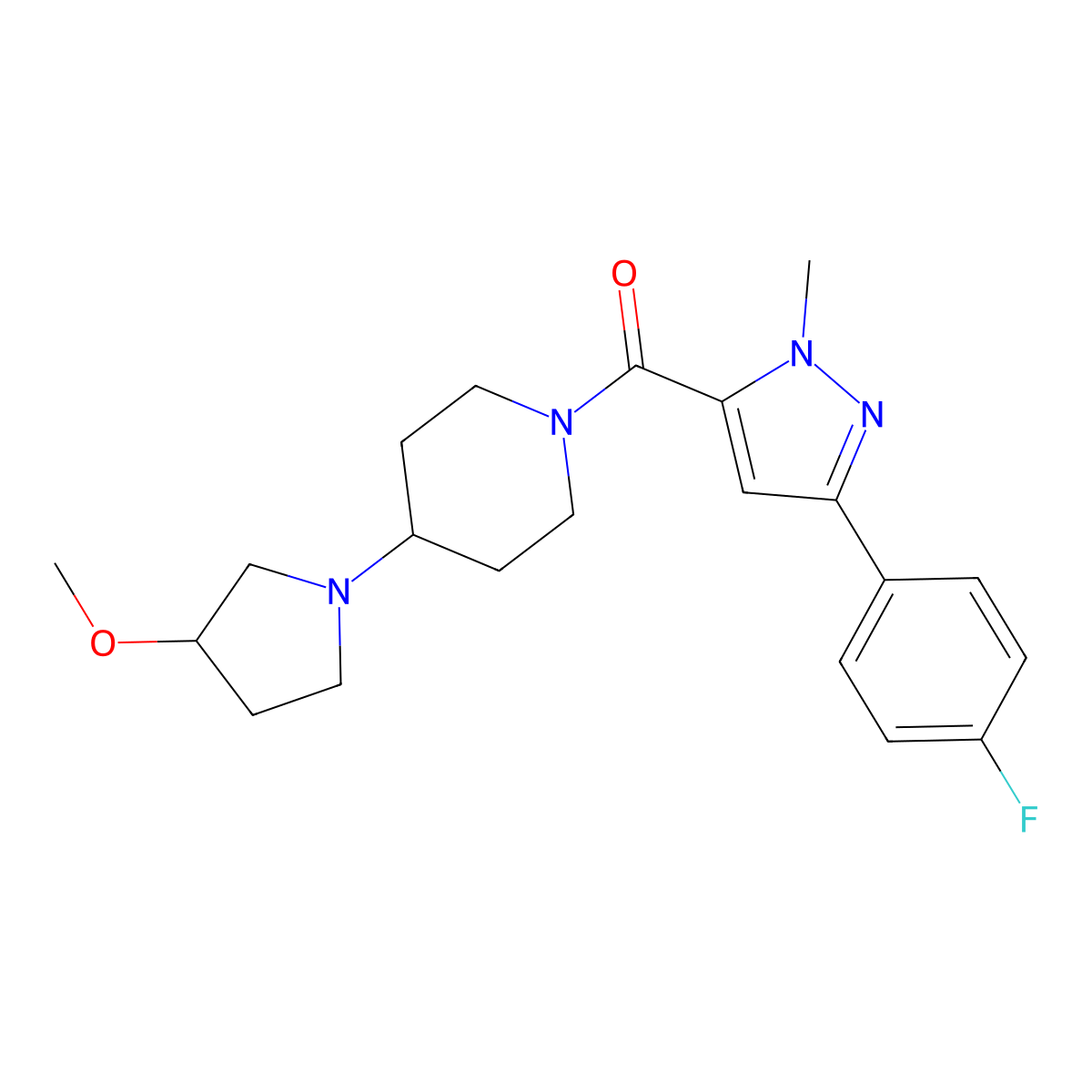 1-[3-(4-fluorophenyl)-1-methyl-1H-pyrazole-5-carbonyl]-4-(3-methoxypyrrolidin-1-yl)piperidine molecular structure, CAS 2319808-98-3