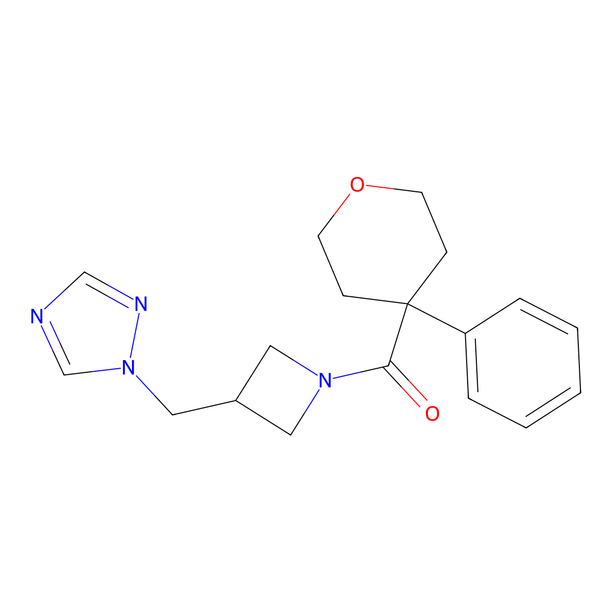 (3-((1H-1,2,4-triazol-1-yl)methyl)azetidin-1-yl)(4-phenyltetrahydro-2H-pyran-4-yl)methanone molecular structure, CAS 2319809-46-4