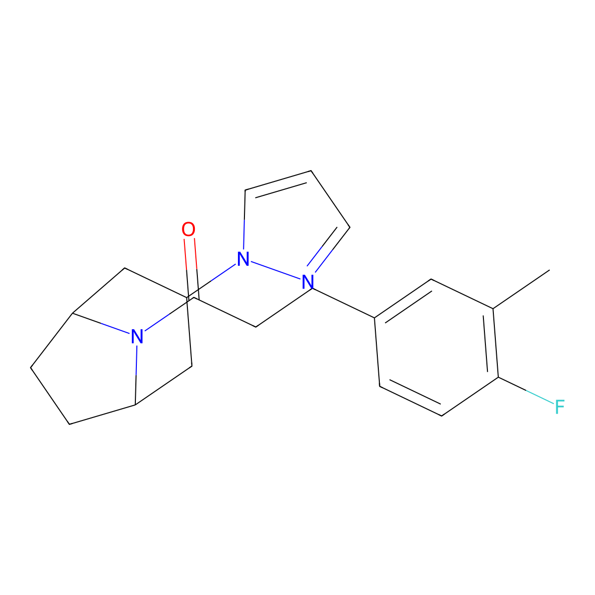 1-((1R,5S)-3-(1H-pyrazol-1-yl)-8-azabicyclo[3.2.1]octan-8-yl)-3-(4-fluoro-3-methylphenyl)propan-1-one molecular structure, CAS 2319809-53-3