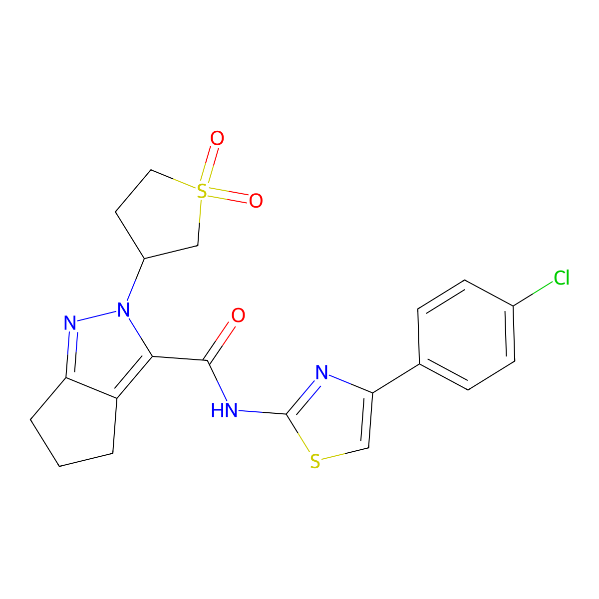 N-(4-(4-chlorophenyl)thiazol-2-yl)-2-(1,1-dioxidotetrahydrothiophen-3-yl)-2,4,5,6-tetrahydrocyclopenta[c]pyrazole-3-carboxamide molecular structure, CAS 2319831-15-5