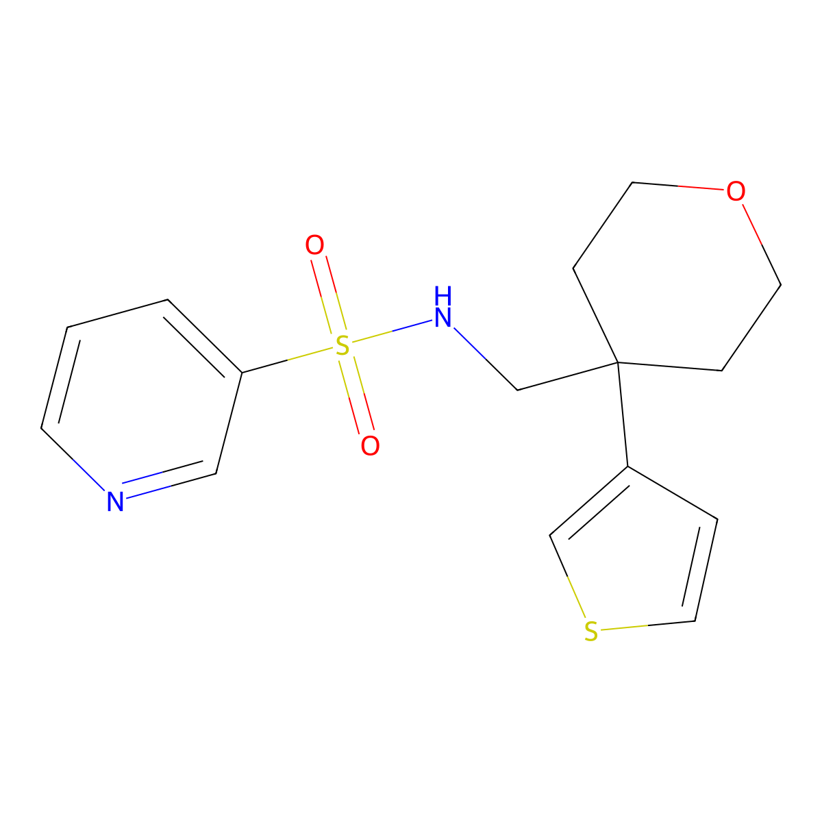 N-((4-(thiophen-3-yl)tetrahydro-2H-pyran-4-yl)methyl)pyridine-3-sulfonamide molecular structure, CAS 2319831-39-3