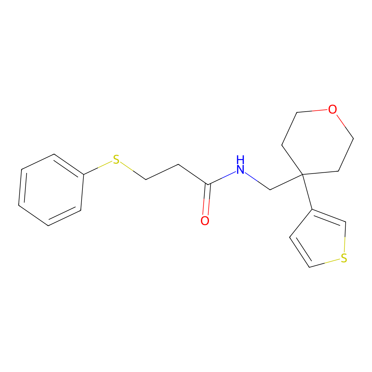 3-(phenylsulfanyl)-N-{[4-(thiophen-3-yl)oxan-4-yl]methyl}propanamide molecular structure, CAS 2319832-05-6