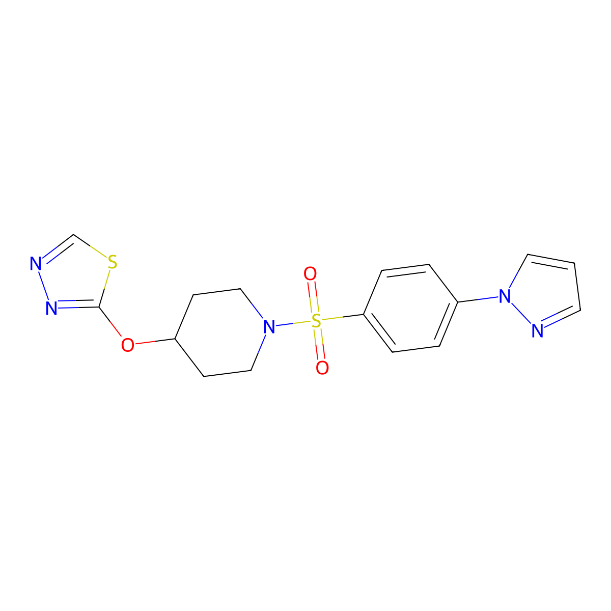 1-[4-(1H-pyrazol-1-yl)benzenesulfonyl]-4-(1,3,4-thiadiazol-2-yloxy)piperidine molecular structure, CAS 2319832-65-8