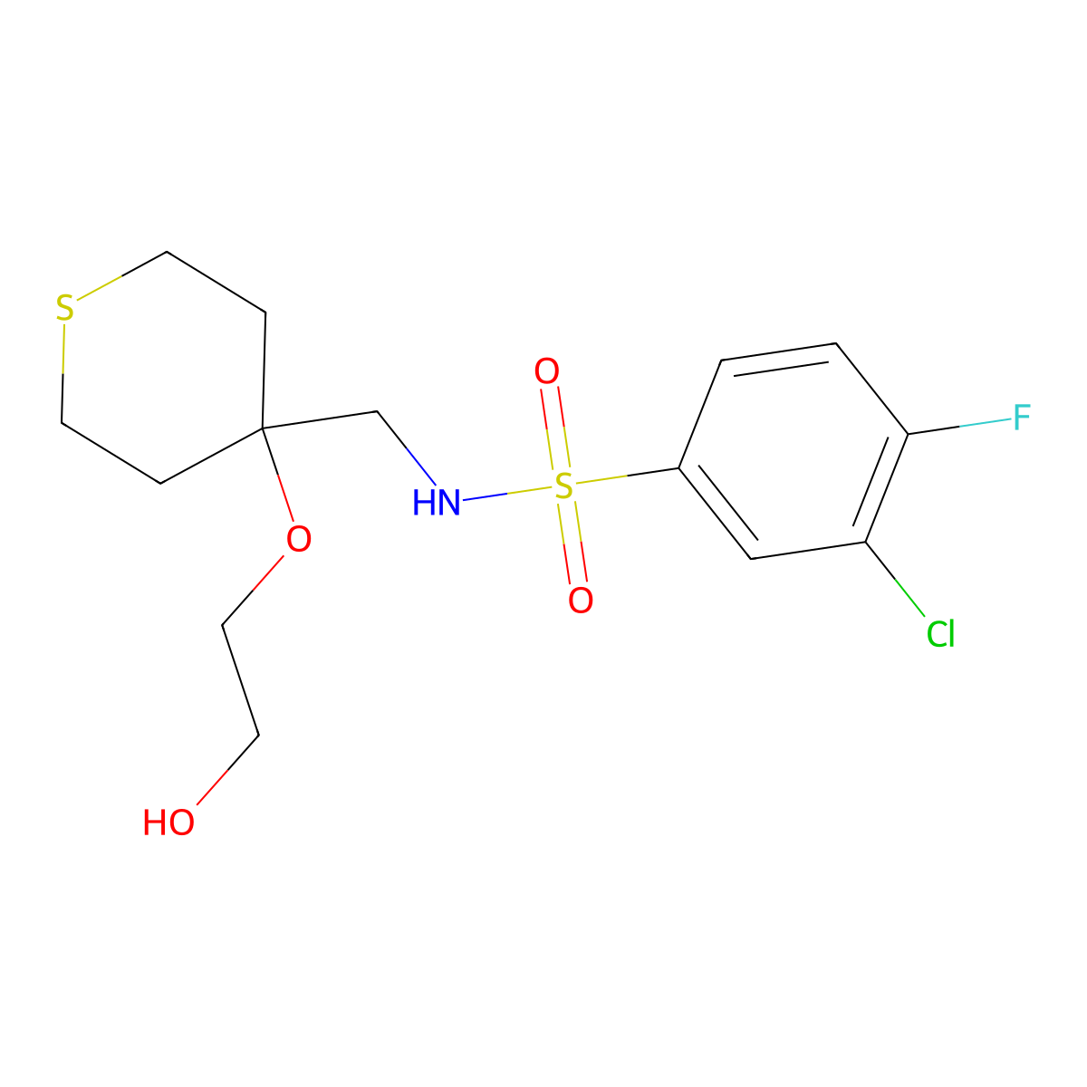 3-chloro-4-fluoro-N-((4-(2-hydroxyethoxy)tetrahydro-2H-thiopyran-4-yl)methyl)benzenesulfonamide molecular structure, CAS 2319834-73-4