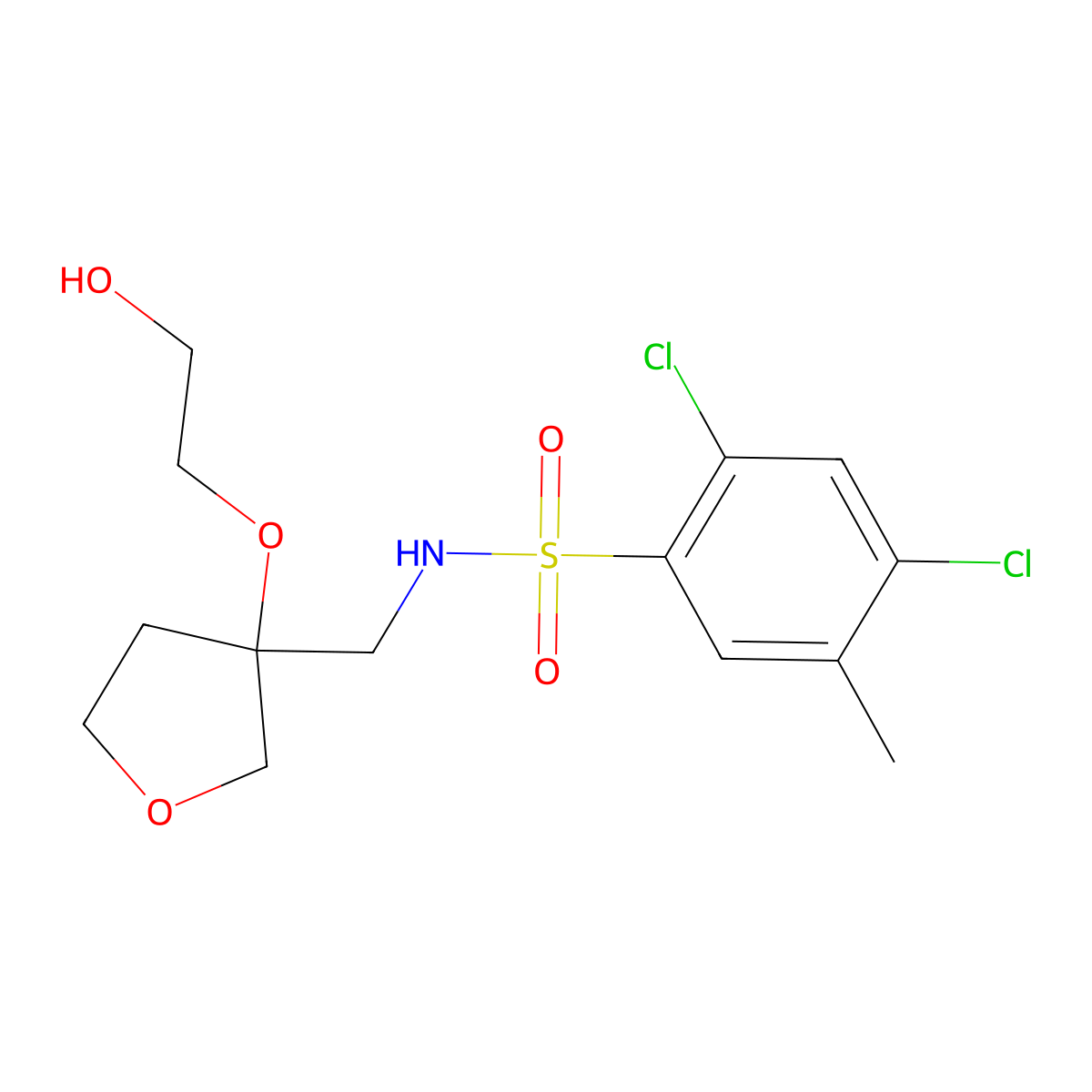 2,4-dichloro-N-((3-(2-hydroxyethoxy)tetrahydrofuran-3-yl)methyl)-5-methylbenzenesulfonamide molecular structure, CAS 2319835-42-0