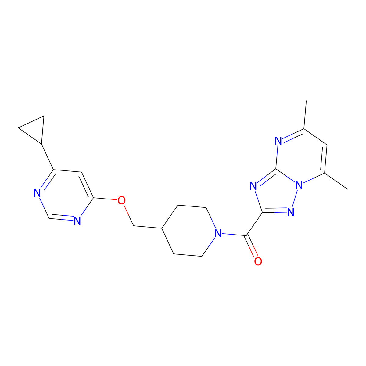 4-Cyclopropyl-6-[(1-{5,7-dimethyl-[1,2,4]triazolo[1,5-a]pyrimidine-2-carbonyl}piperidin-4-yl)methoxy]pyrimidine molecular structure, CAS 2319835-58-8